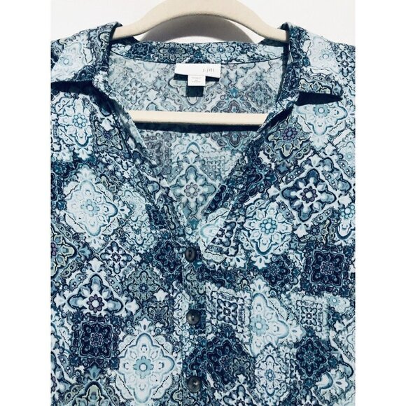 J Jill Pullover Top Womens Petite Medium Blue Patchwork Print Boho 90s - Picture 2 of 7